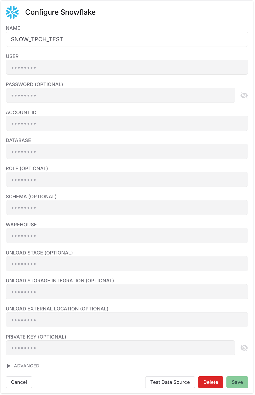 Snowflake Data Dource form in the Chalk dashboard